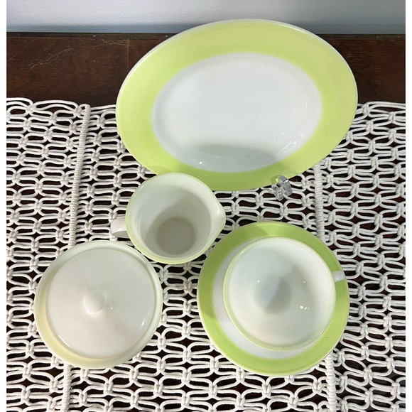 Pyrex Vintage Milk Glass White with Lime Green Rim Tea Set - Picture 3 of 9
